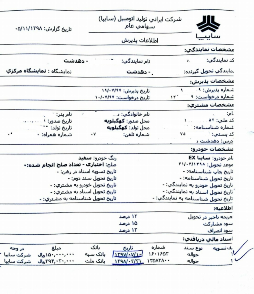 بدقولی شرکت خودروسازی سایپا در تحویل دادن خودروی شهروندان دهدشتی/وقتی کمبود قطعات بهانه خودروسازان می شود+سند